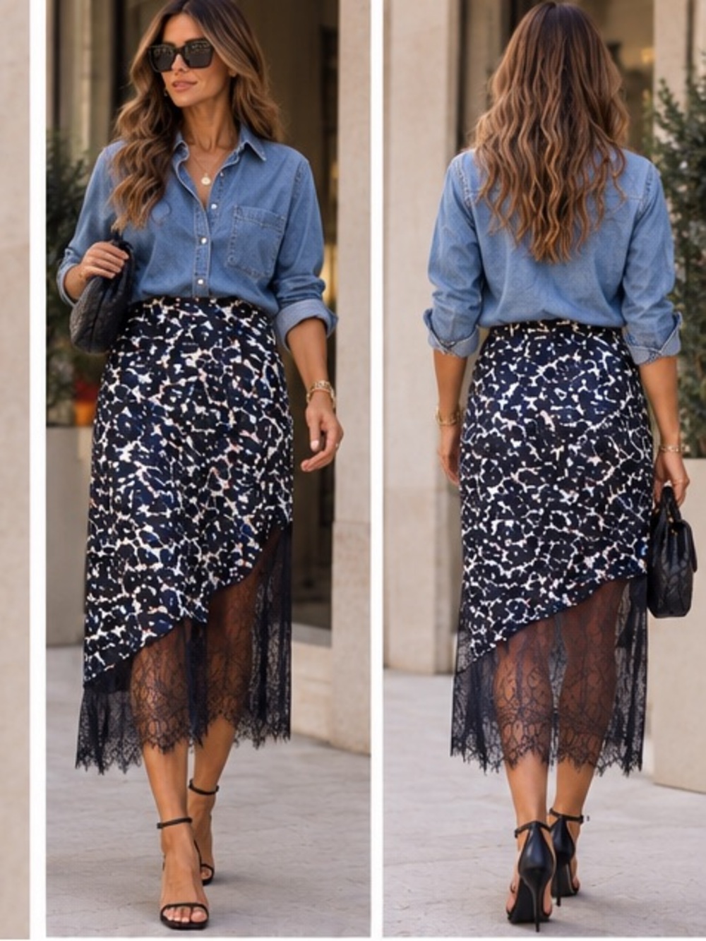 Scoop NYC|Women's Navy Floral Lace Trim Asymmetric Midi Skirt
